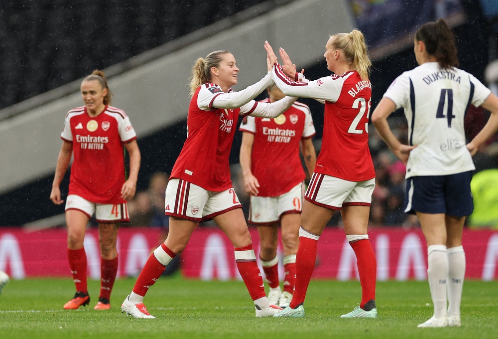 Alessia Russo and Stina Blackstenius celebrate after beating Tottenham 2-1 (Reuters)