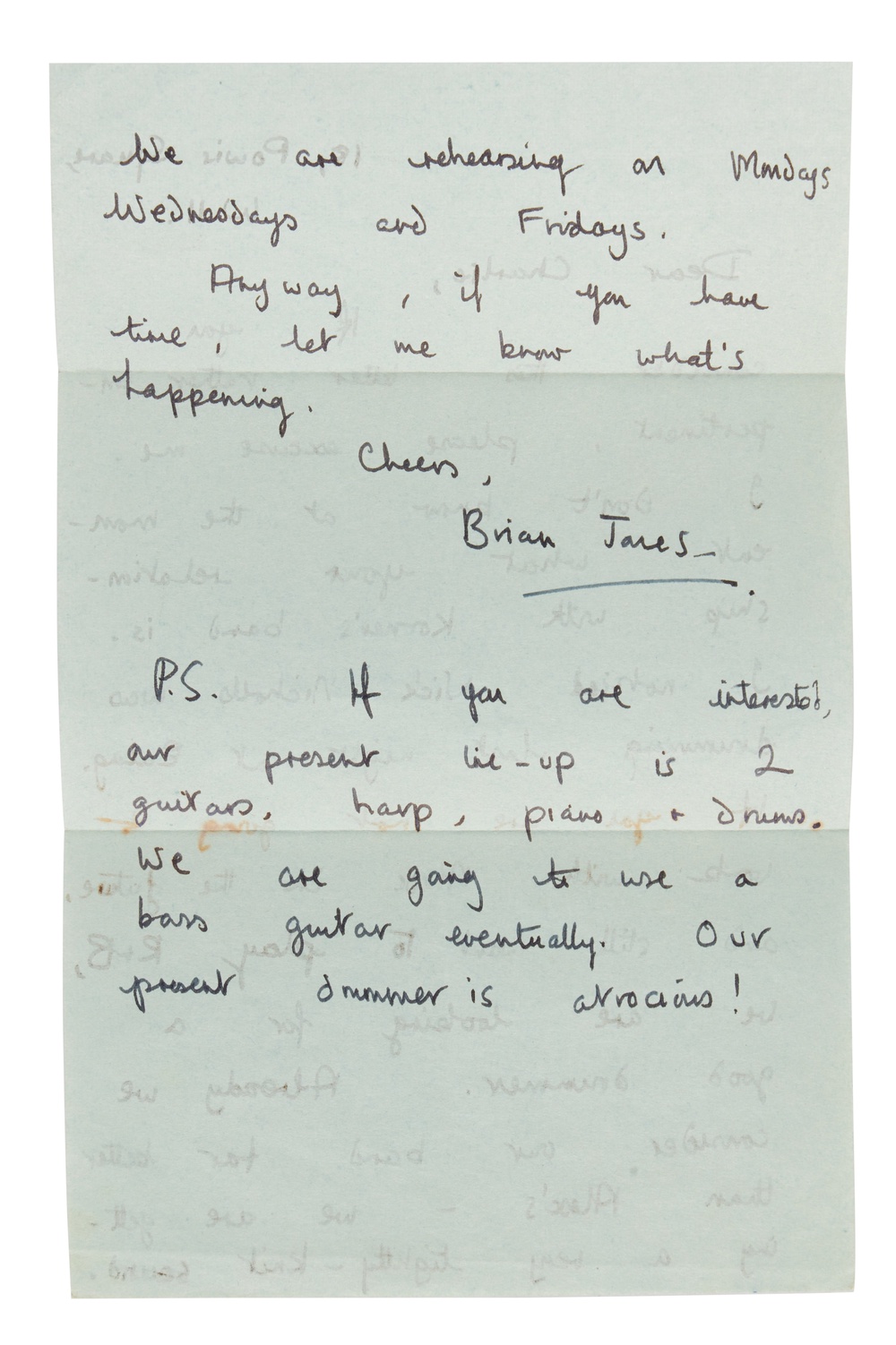 The letter from a young Brian Jones as he attempted to recruit Charlie Watts to the Rolling Stones (Sotheby's New York)