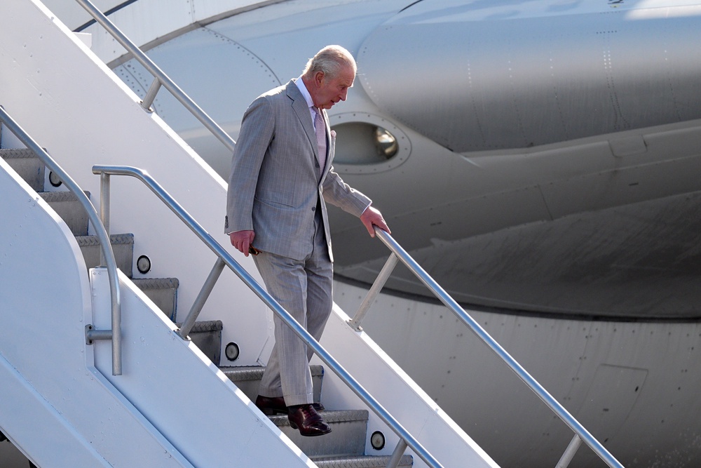 Charles descends from Voyager at Lynden Pindling International Airport, in Nassau (Aaron Chown/PA) (PA Wire)