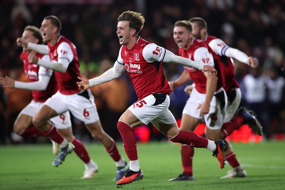 Fleetwood, positioned 84 places below Arsenal, knocked the champions out on penalties (Getty)