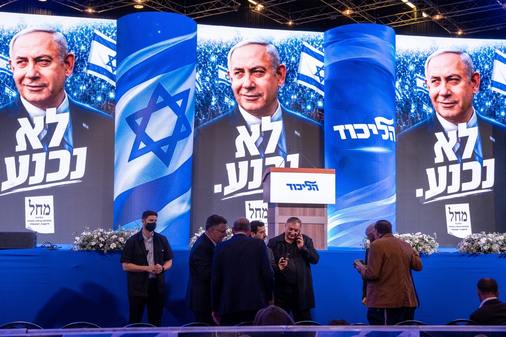 Members of the Likud Party wait for Benjamin Netanyahu to arrive during the party's election-night event at Likud headquarters in West Jerusalem, Israel, on October 28, 2026 (AFP/Getty)