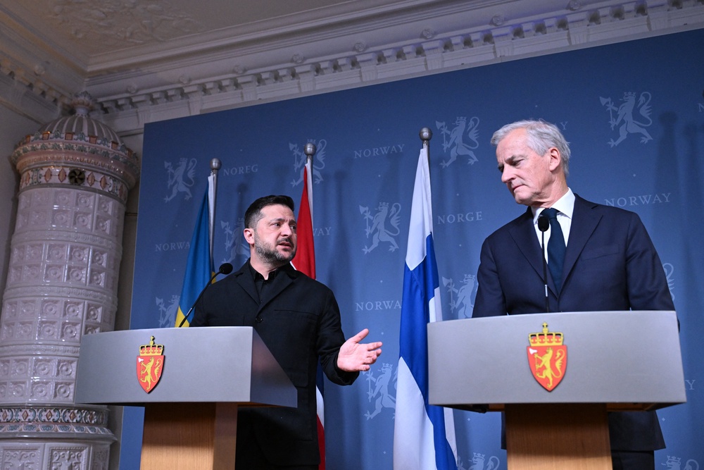 File: Ukraine's president Volodymyr Zelensky and Norway's prime minister Jonas Gahr Store deliver a joint press conference after a meeting on the situation in Ukraine on 20 October 2026 in Oslo (AFP/Getty)