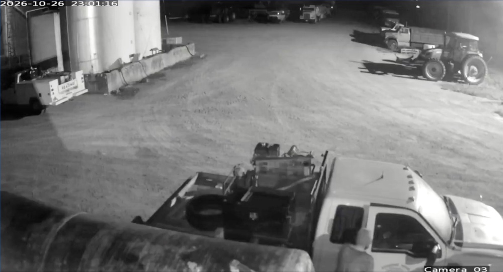 This image from security video provided by John Lindamood shows escaped inmate Jacob Allen Morley, bottom right, stealing a white Ford F-350 from the Lindamood Planting Company early Monday, Oct. 26, 2026, in Lake County, Tenn. (John Lindamood (AP)