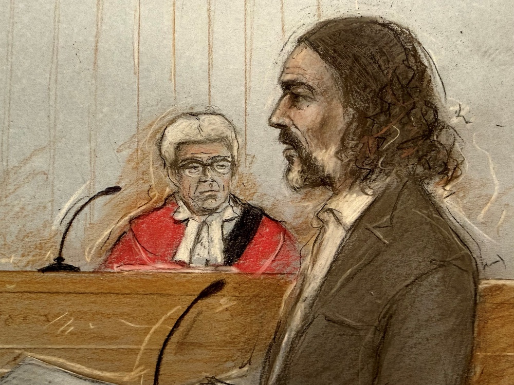Court artist sketch of Russell Brand giving evidence (Elizabeth Cook/PA) (PA Wire)