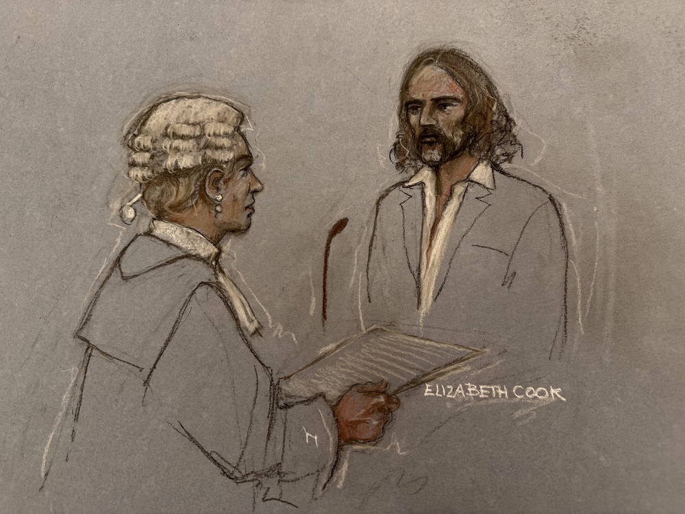 A court artist sketch of Riel Karmy-Jones KC cross-examining Russell Brand at Southwark Crown Court (Elizabeth Cook/PA) (PA Wire)