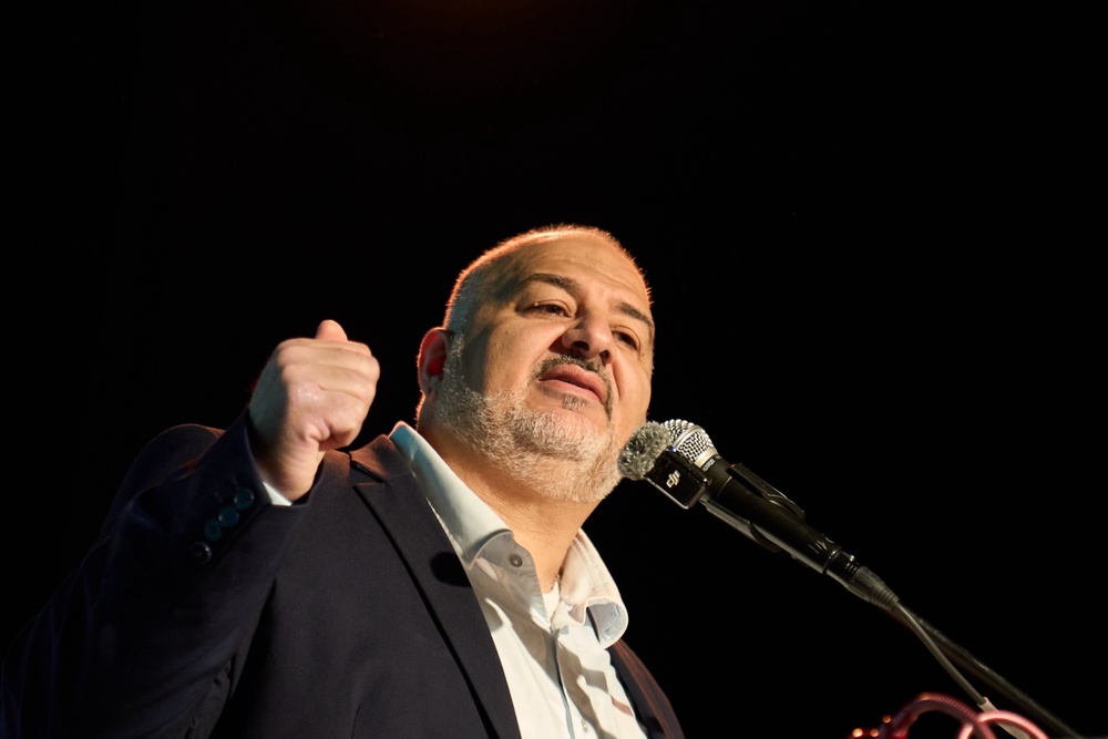 Mansour Abbas, leader of the Ra'am party, speaks during a campaign event in Tel Aviv on October 23 (AP)
