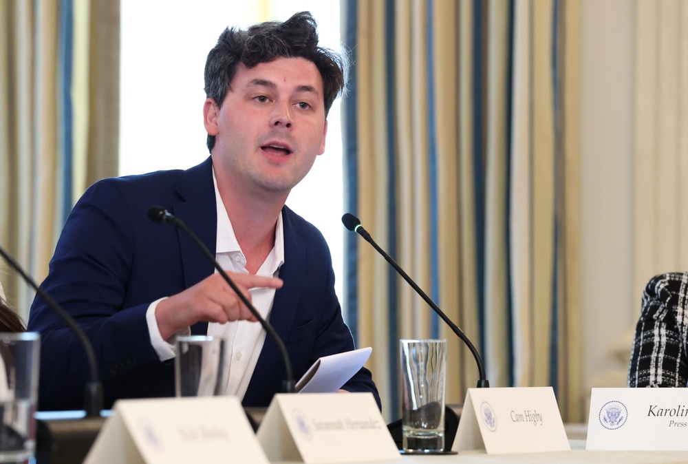 Conservative political commentator Cam Higby speaks during a roundtable discussion in the State Dining Room of the White House on October 08, 2025 in Washington, DC (Getty Images)