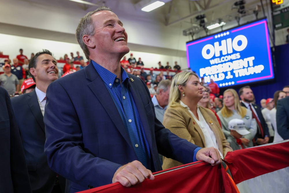 The president was gushing over Republican Senator Jon Husted’s body when he was interrupted by a heckler who shouted about Epstein (Getty Images)