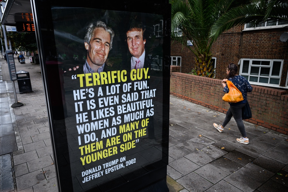 ‘I threw Epstein out of a club like 20 years ago because I thought he was a wackjob,’ Trump said in response to the heckler. ‘That was a great thing I did; I must tell you.’ (Getty Images)