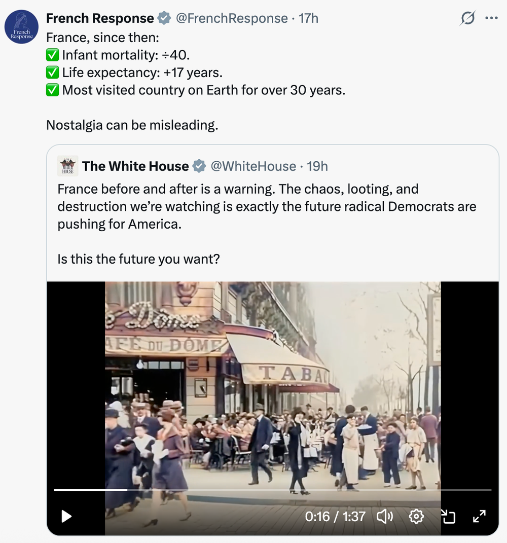 The White House shared rosy footage of old cars and the Cafe du Dome, which opened in Paris in 1898, contrasted with footage of the recent unrest (French Response / X / White House)