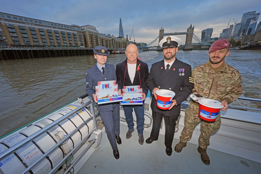 Ross Kemp with Corporal Lucy Beddowes, Petty Officer Jacob Travers (second right) and Corporal Alex Penfold (right) during the launch of the Royal British Legion’s annual London Poppy Day (Yui Mok/PA) (PA Wire)