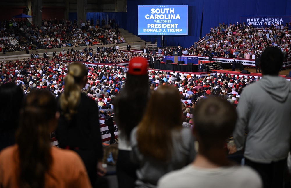 Behind closed doors, President Donald Trump has been comparing the size of his midterms rally crowds, such as the one on October 26 in South Carolina (pictured), to the turnout at Vice President JD Vance’s events, according to insiders (AFP via Getty Images)