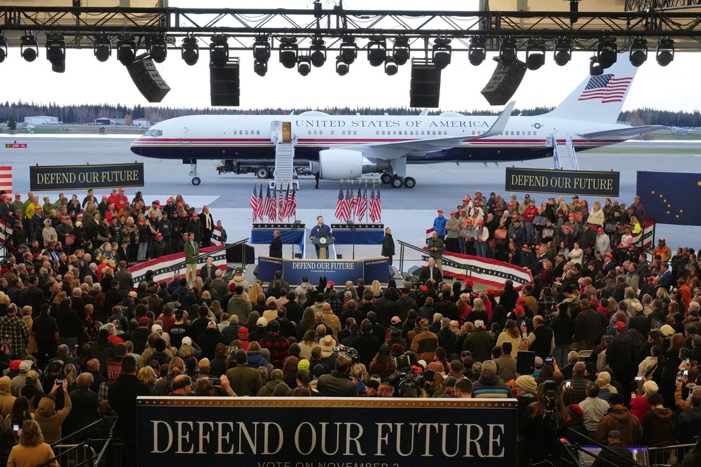 Trump and Vance, pictured at an Alaska rally at Fairbanks International Airport on October 5, are both in the midst of a MAGA midterms blitz to boost voter turnout among their supporters (Getty Images)