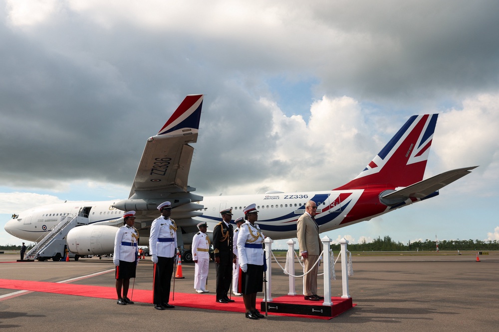 The King looks on before boarding a plane to Georgetown, Guyana (Isabel Infantes/PA) (PA Wire)