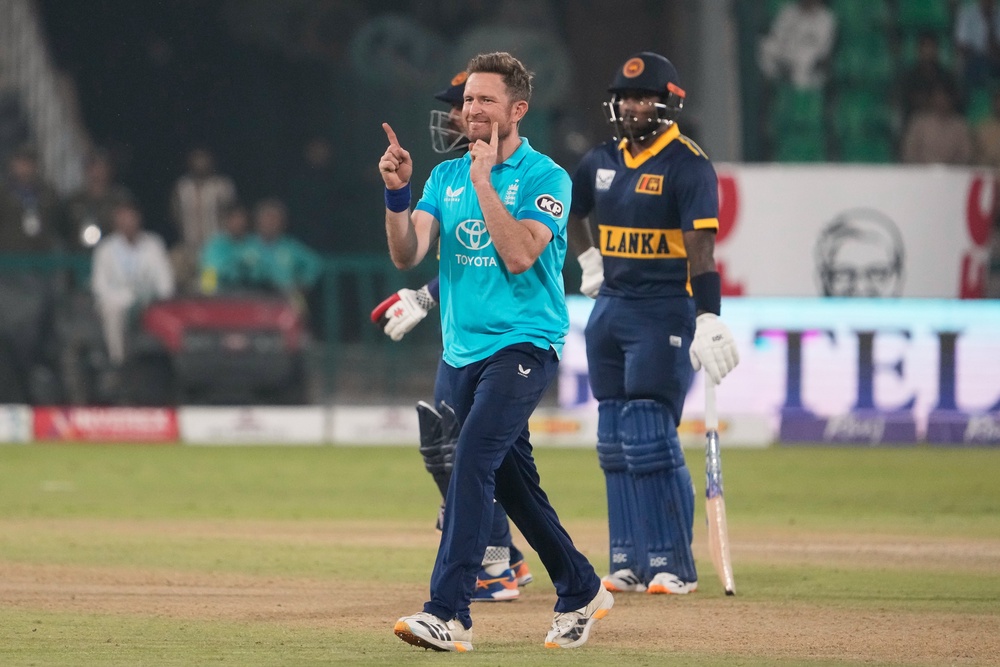 England’s Liam Dawson celebrates claiming the wicket of Sri Lanka’s Avishka Fernando (K.M. Chaudary/AP) (AP)