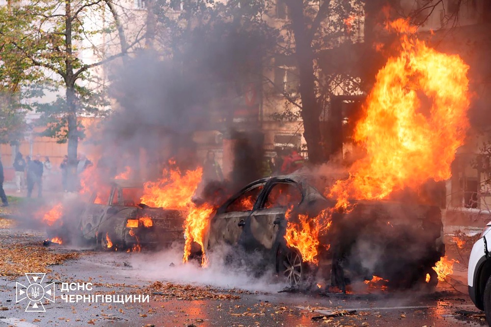Rachel Reeves warns Ukraine is facing ‘a desperate winter as Russia pummels its almost defenceless people from the air’ (Ukrainian Emergency Service via AP) (AP)