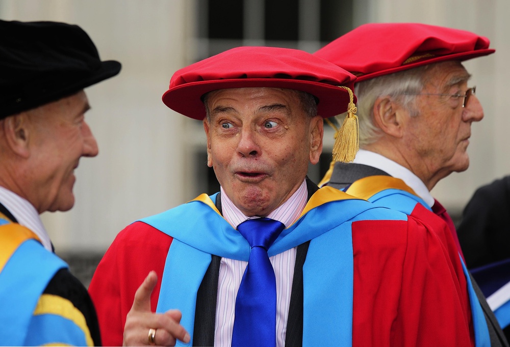 Sir Michael Parkinson (right) and Dickie Bird (centre) with actor Sir Patrick Stewart, in his role as Chancellor of the University of Huddersfield in 2013 (John Giles/PA) (PA Archive)