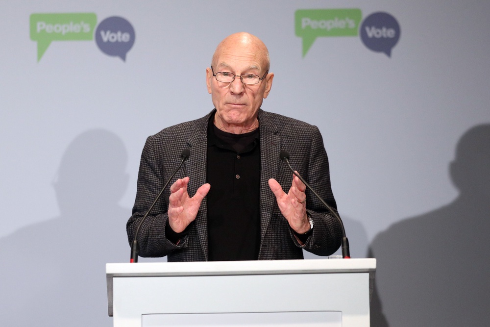 Sir Patrick Stewart addresses the crowd during the People’s Vote campaign launch on Brexit at the Electric Ballroom in Camden Town in 2018 (Jonathan Brady/PA) (PA Archive)