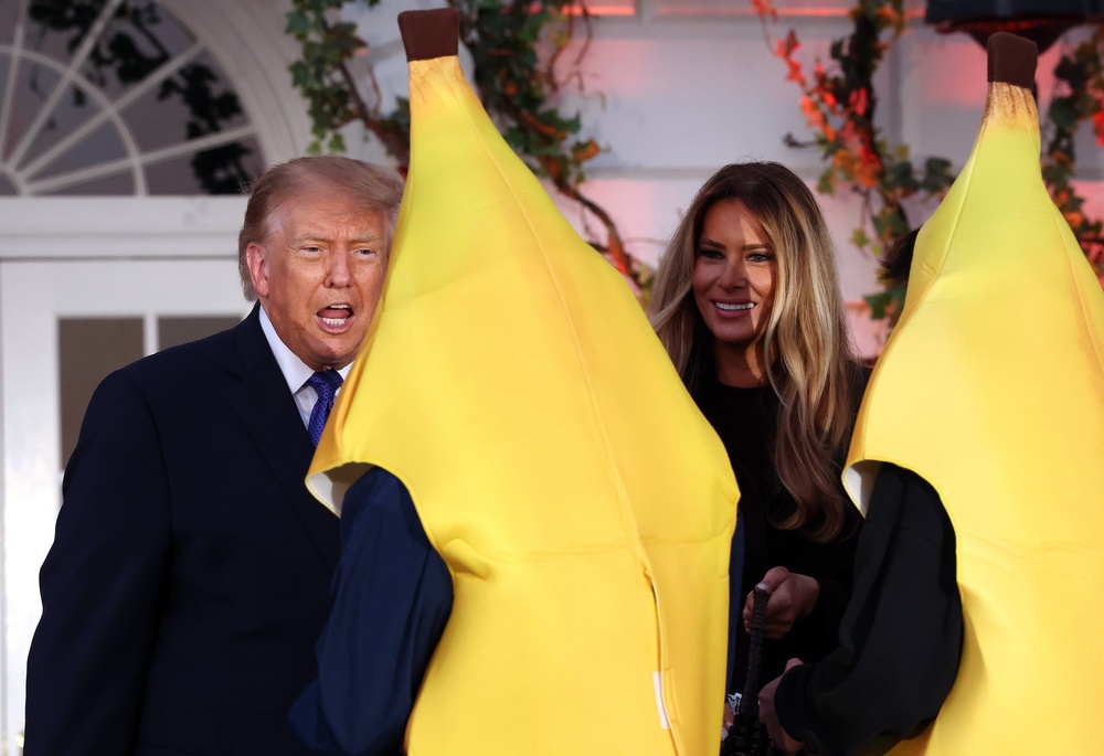 While there were no notable Minions costumes greeting the Trumps at the White House, which was decked out with pumpkins and fall leaves, there were a few Trick-or-Treaters dressed up as the henchmen’s favorite treat — a banana (Getty Images)