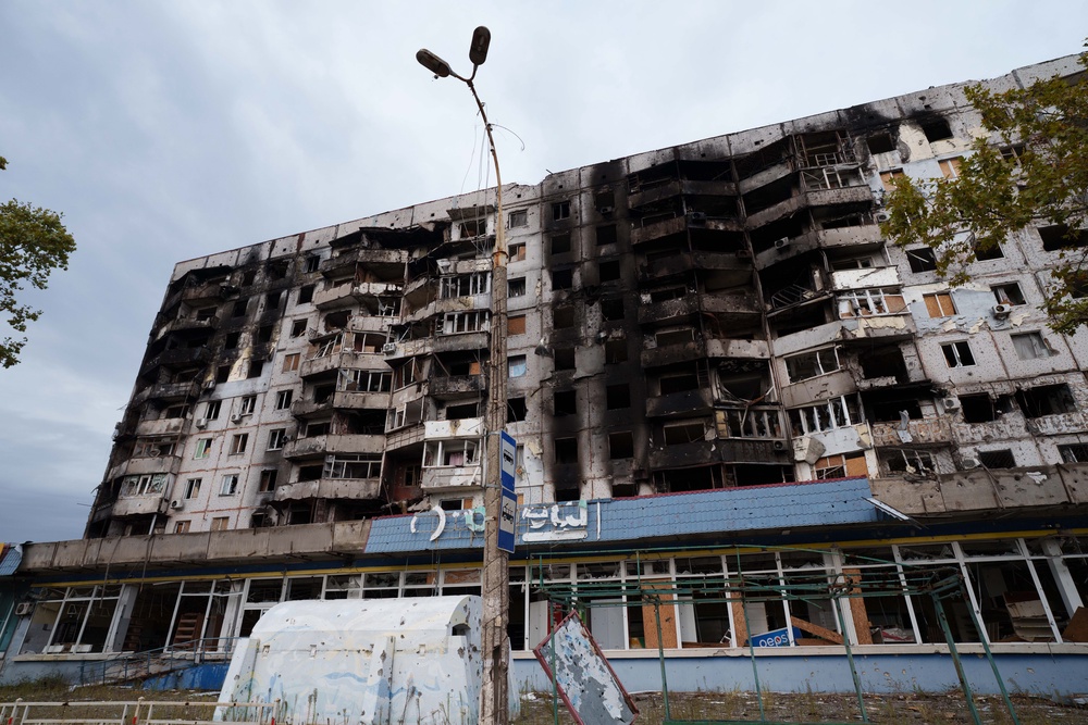 A residential building damaged from Russian attacks in Oleshky, in Kherson oblast, on October 29 (AP)