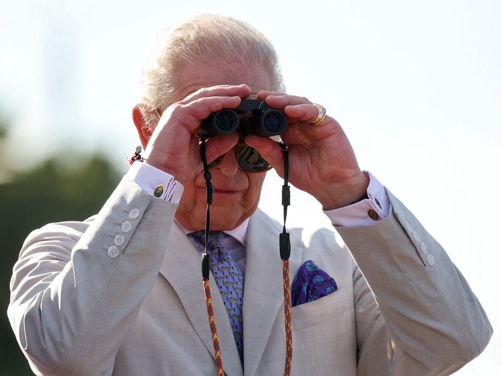 The King uses binoculars during a visit to the Seawall in Georgetown (Isabel Infantes/PA) (PA Wire)