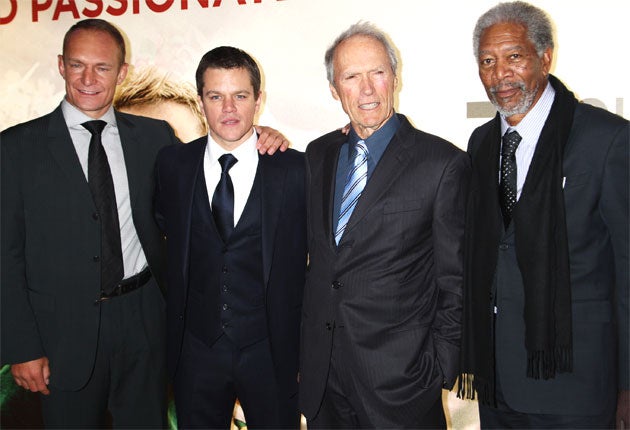 François Pienaar, Matt Damon, Clint Eastwood and Morgan Freeman at the London premiere of ‘Invictus’ (Getty)