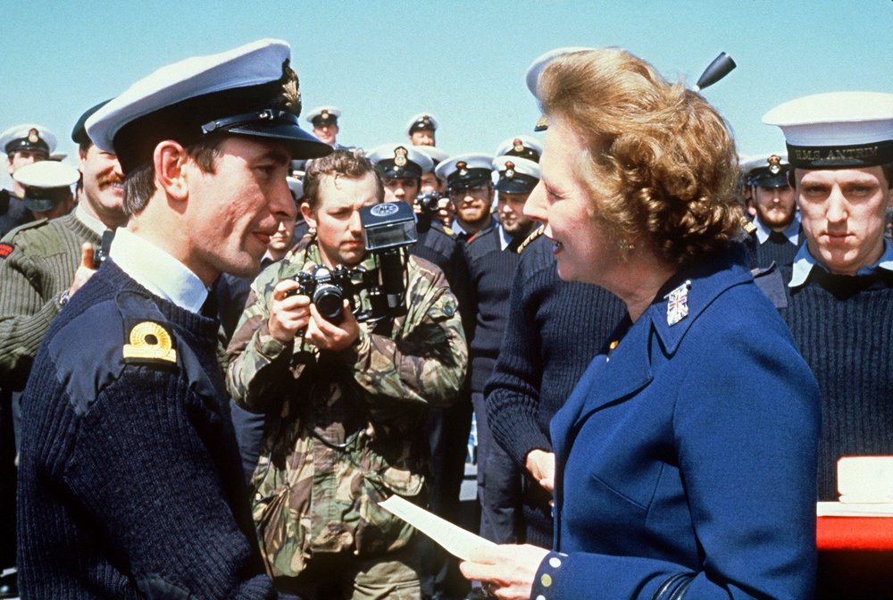 Margaret Thatcher meets personnel aboard the HMS Antrim during a five-day visit to the Falkland Islands in January 1983 (Getty)