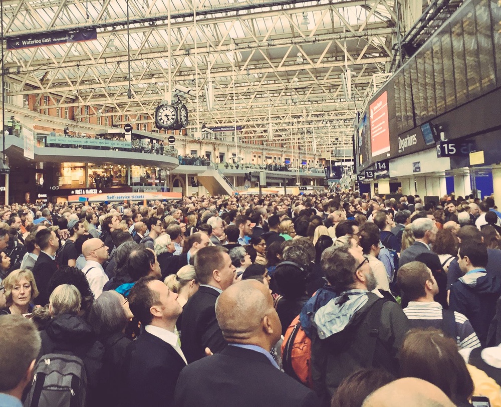Commuters at London Waterloo after torrential rail caused cancellations on EU referendum day (Triin Photographer)