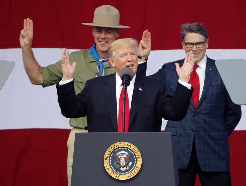 President Donald Trump speaking to a Scouting America group in 2020