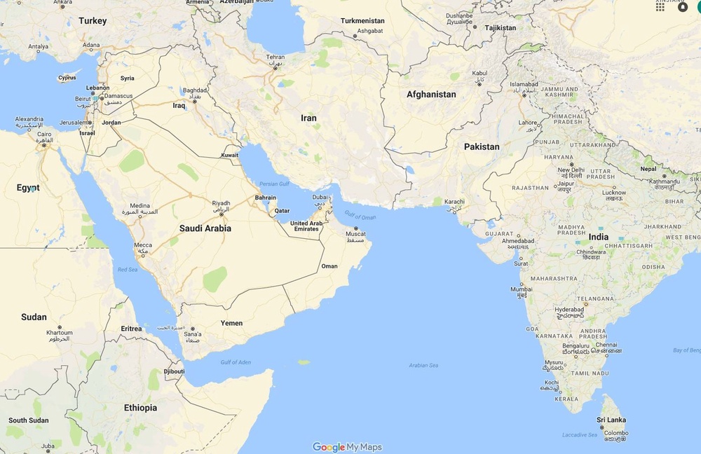 Most of Saudi Arabia’s oil is exported through the Strait of Hormuz, as is the fossil fuel production from the rest of the Gulf region. The Saudis can also get about 4 million barrels a week out through its 1,200-mile pipeline to Yanbu on the Red Sea (Google Maps/screengrab)