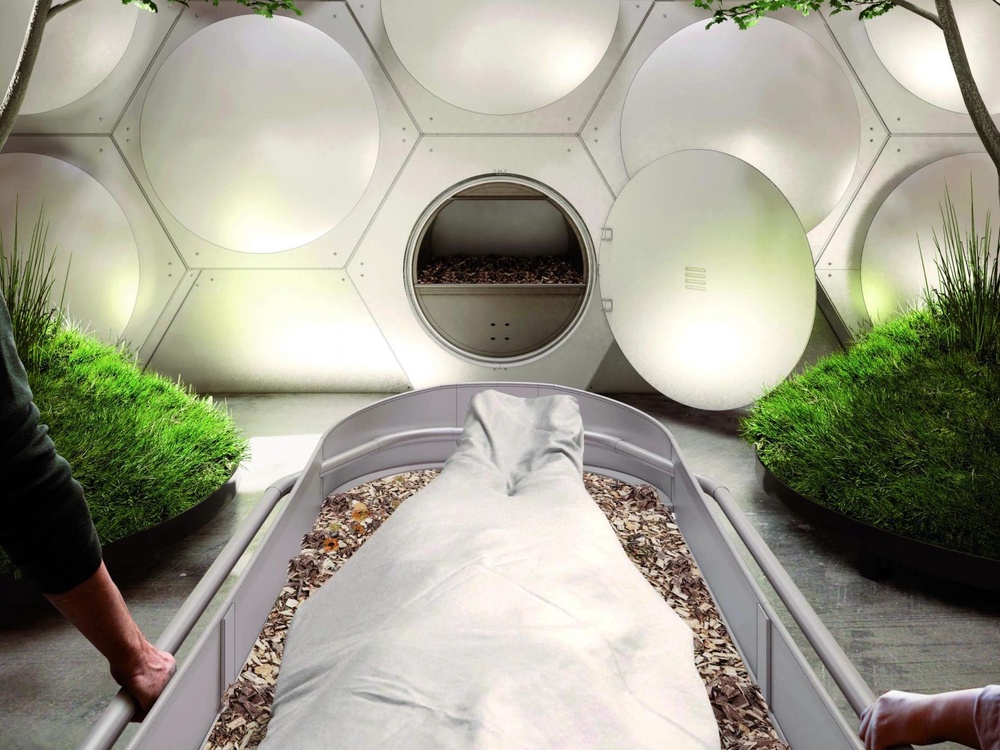 Human composting – also known as terramation – involves the deceased being placed in a specially designed container with a mixture of wood chips, straw and other organic materials, where over several weeks it becomes broken down into soil (Local Library)