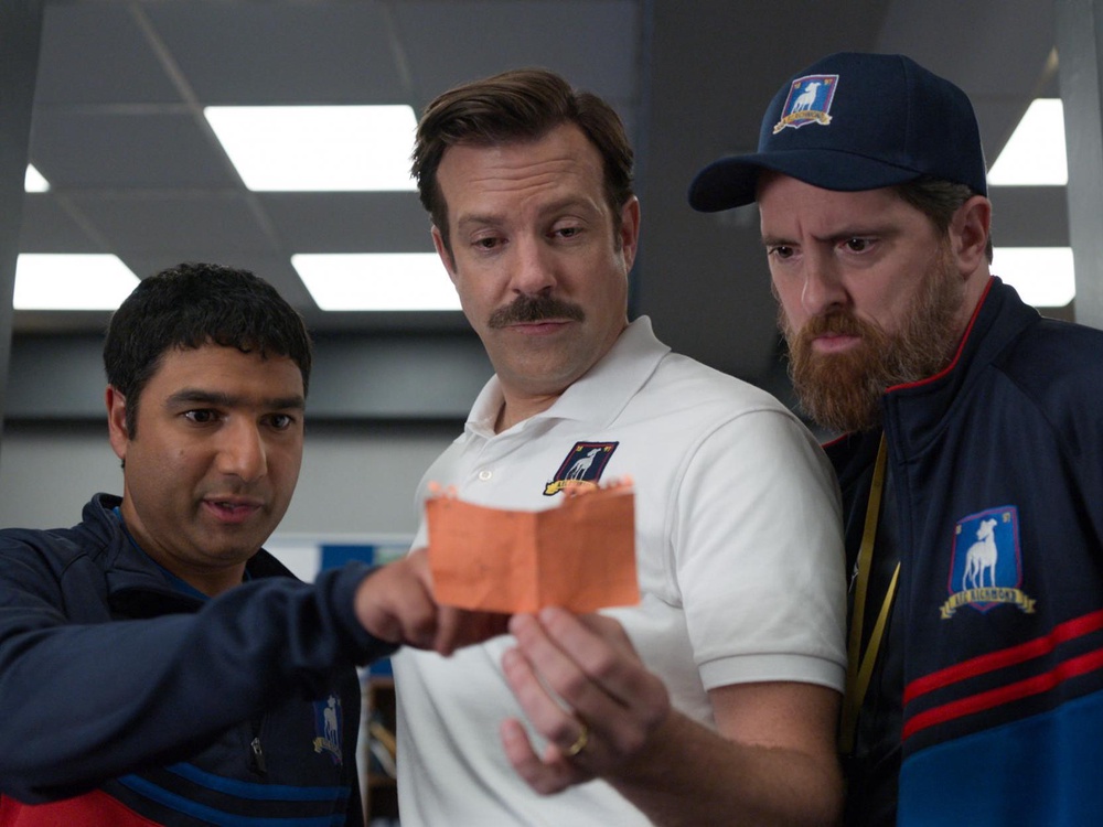 Nick Mohammed, Jason Sudeikis and Brendan Hunt in Ted Lasso (Apple TV)