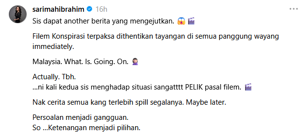 Image from: Filem Konspirasi didakwa henti tayangan, Sarimah Ibrahim luah rasa kecewa