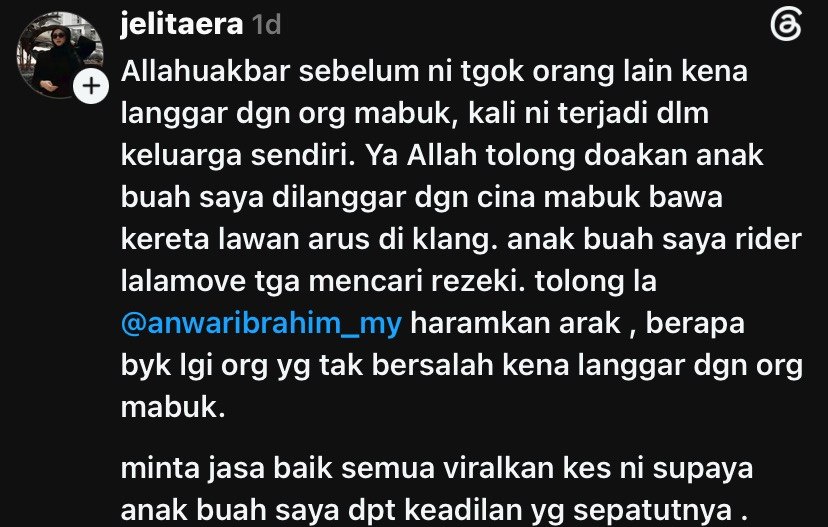 Image from: Penunggang motosikal kritikal dirempuh kereta lawan arus, keluarga rayu doa buat mangsa