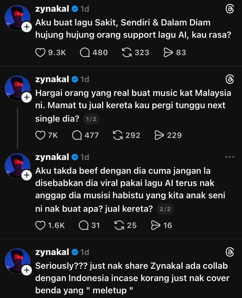 Image from: Zynakal luah rasa kecewa isu lagu AI, harap karya artis tempatan lebih dihargai