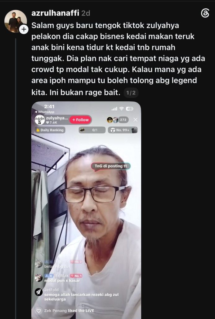 Image from: Bisnes merosot, Zul Yahya dedah anak isteri terpaksa bermalam di kedai