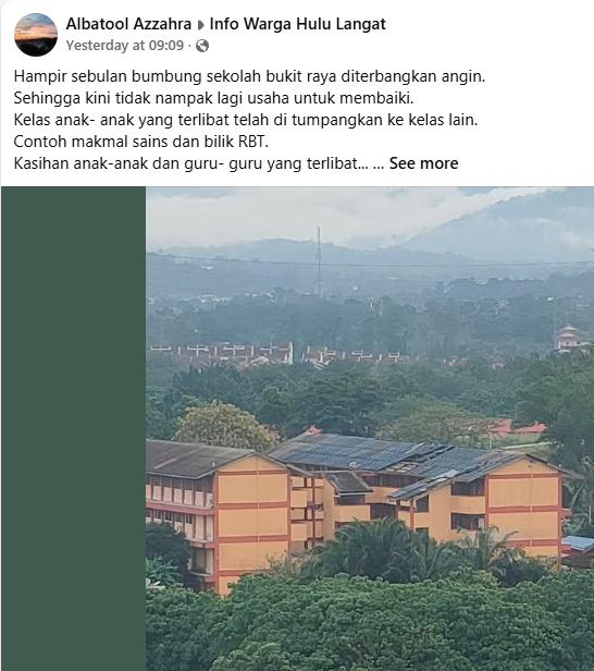 Image from: Hampir sebulan bumbung sekolah diterbangkan angin, ibu bapa persoal tindakan