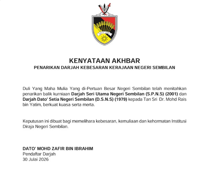 Image from: Istana Negeri Sembilan tarik balik darjah kebesaran Rais Yatim