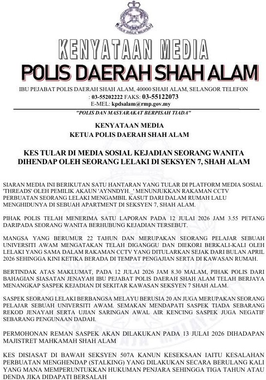 Image from: Lelaki ditahan hendap pelajar universiti, rakaman hidu kasut di Shah Alam tular