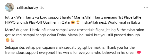 Image from: Wan Harriz harumkan nama Malaysia, muncul juara Hippo English di Qatar