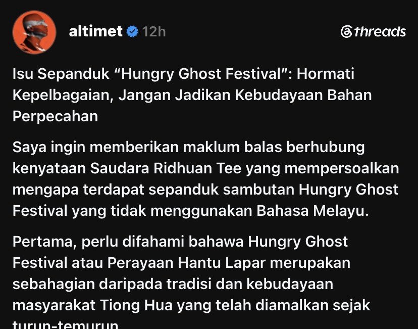 Image from: Altimet tegur Ridhuan Tee, jangan jadikan budaya bahan perpecahan