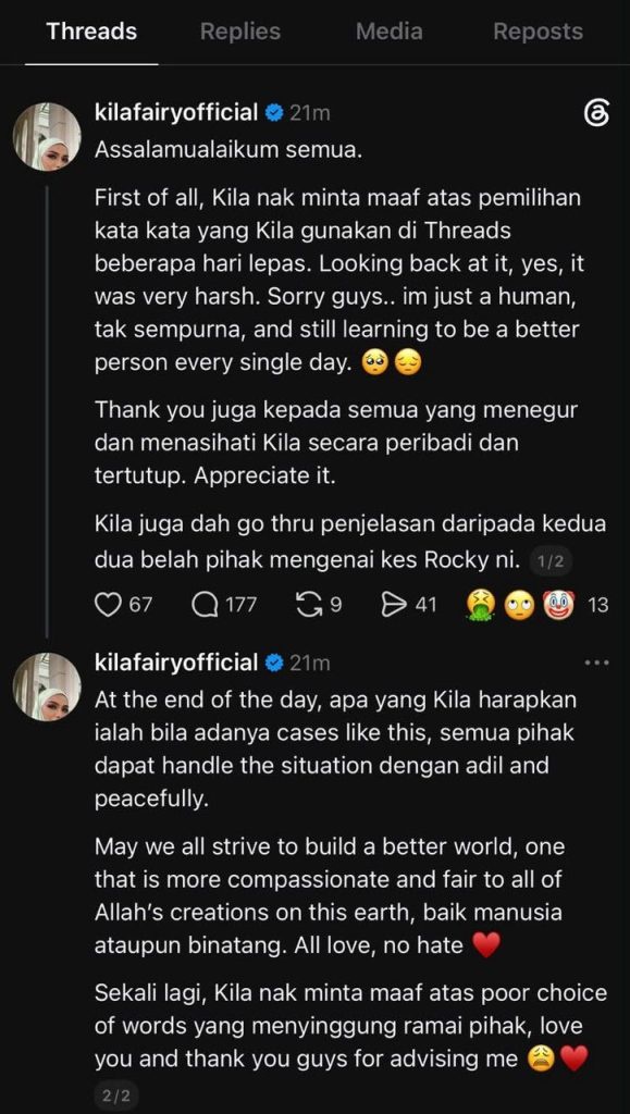 Image from: Kilafairy mohon maaf, akui pemilihan kata kurang tepat isu kematian Rocky