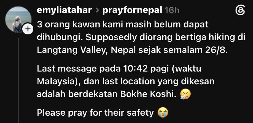 Image from: Tiga sahabat gagal dihubungi, lokasi terakhir dikesan berhampiran Bhote Koshi