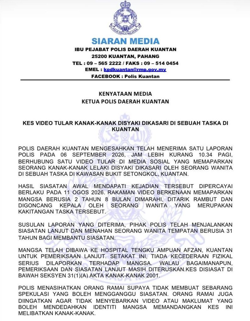 Image from: Wanita ditahan bantu siasatan kes kanak-kanak dikasari di taska