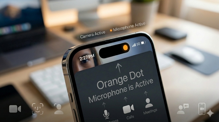 Image from: The Tiny Green & Orange Dots On Your iPhone Are Going Viral For A Very 2026 Reason