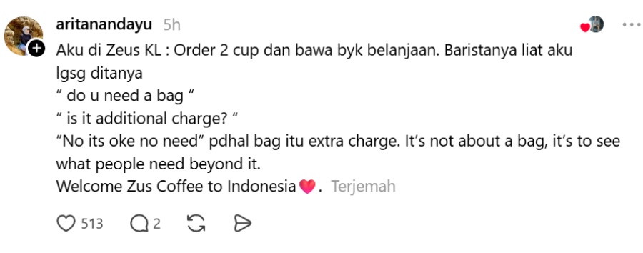Image from: Zus Coffee’s Jakarta Staff Praised for Turning a Messy Incident Into a Win for Malaysian Service Culture