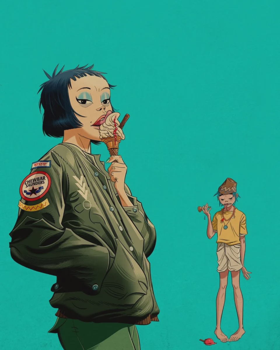 Band members bassist Noodle (left) and vocalist 2-D, characters originally designed by Hewlett.