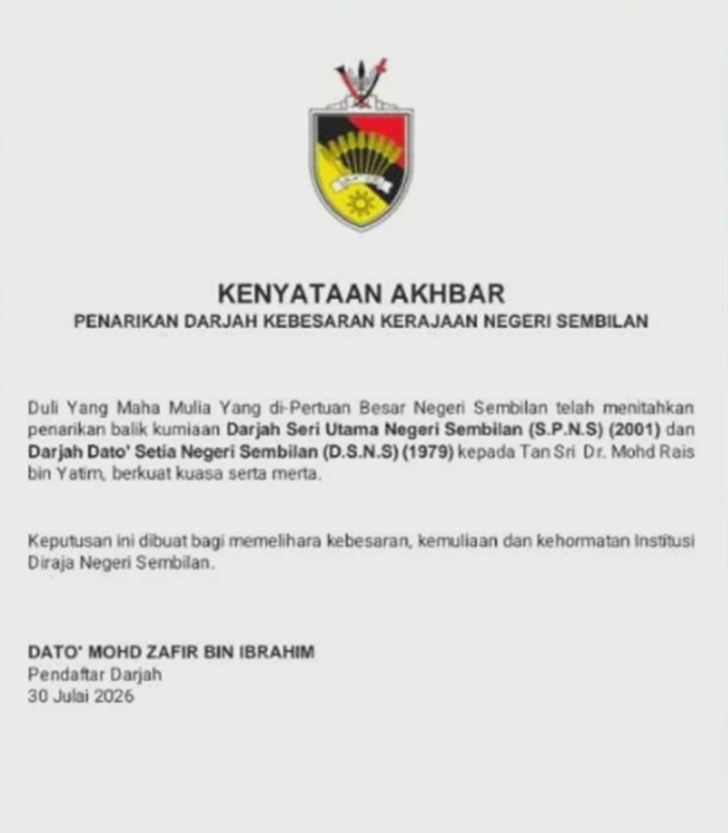 Negeri Sembilan ruler revokes state honours awarded to Rais Yatim