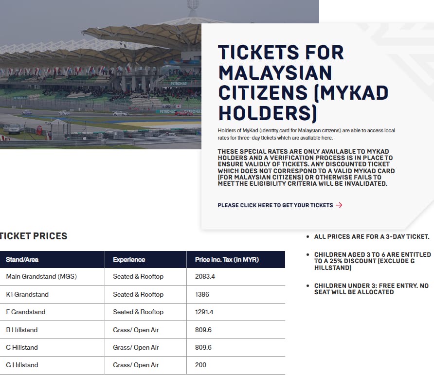 Image from: Harga Tiket F1 Sepang Bocor, Harga Bermula RM200 Untuk Pemegang MyKad