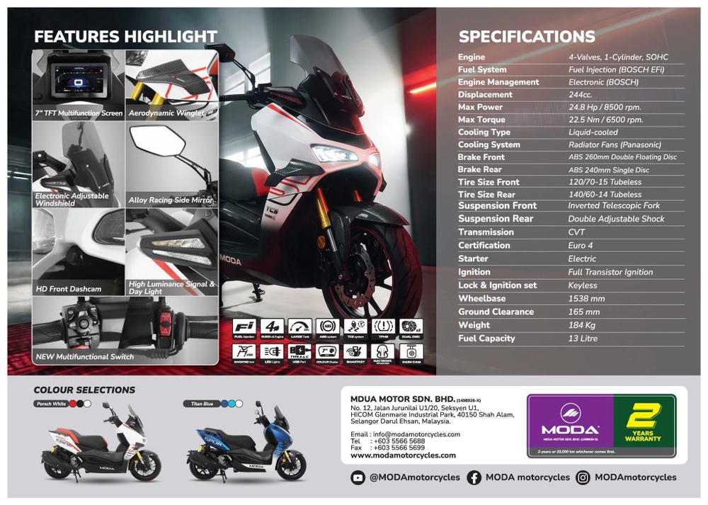 Image from: MODA Lancar Sporter S SKII Baharu: Tampil Ciri Canggih Skrin TFT 7-Inci, Winglet Aerodinamik & Dashcam HD